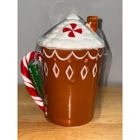Gingerbread House Ceramic Coffee Cocoa Mug With Lid Topper & Candy Cane Handle - Picture 3 of 8